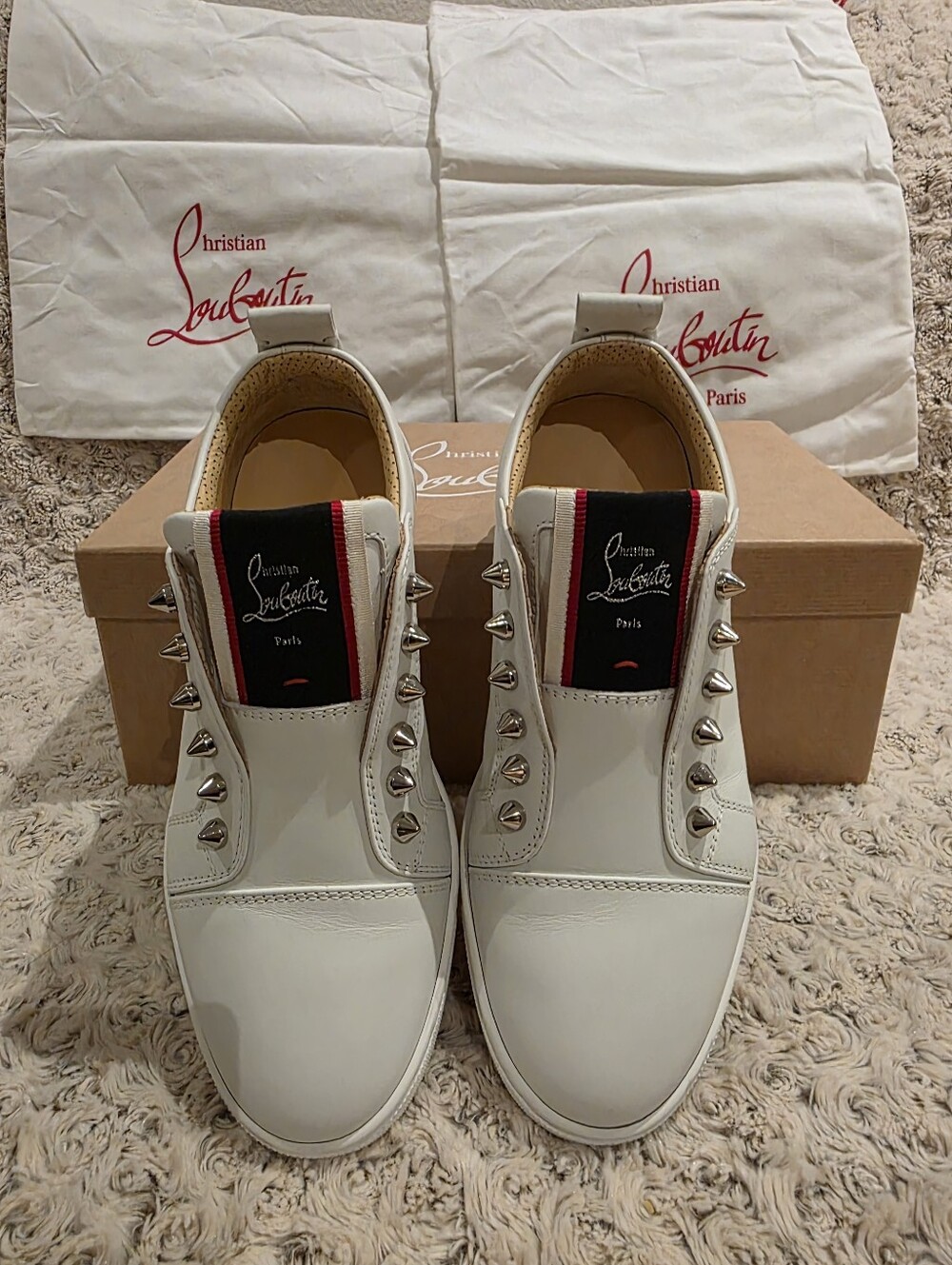 Authentic Christian Louboutin Women’s White Spike-Trim Slip-On Sneakers
